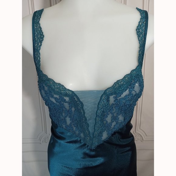 VTG Victoria's Secret Gold Label Teal Satin & Lace Long Slip Dress Gown Sz M - Picture 4 of 9